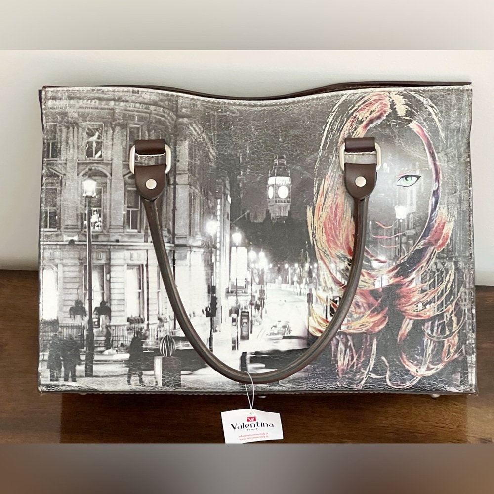 Valentina Brown Leather Tote With City Scape & Women’s Face Print